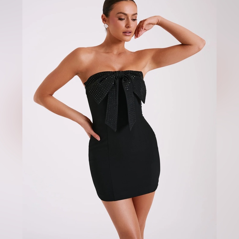 NWT Meshki SAOIRSE Strapless Mini Dress With Diamante Bow - Black